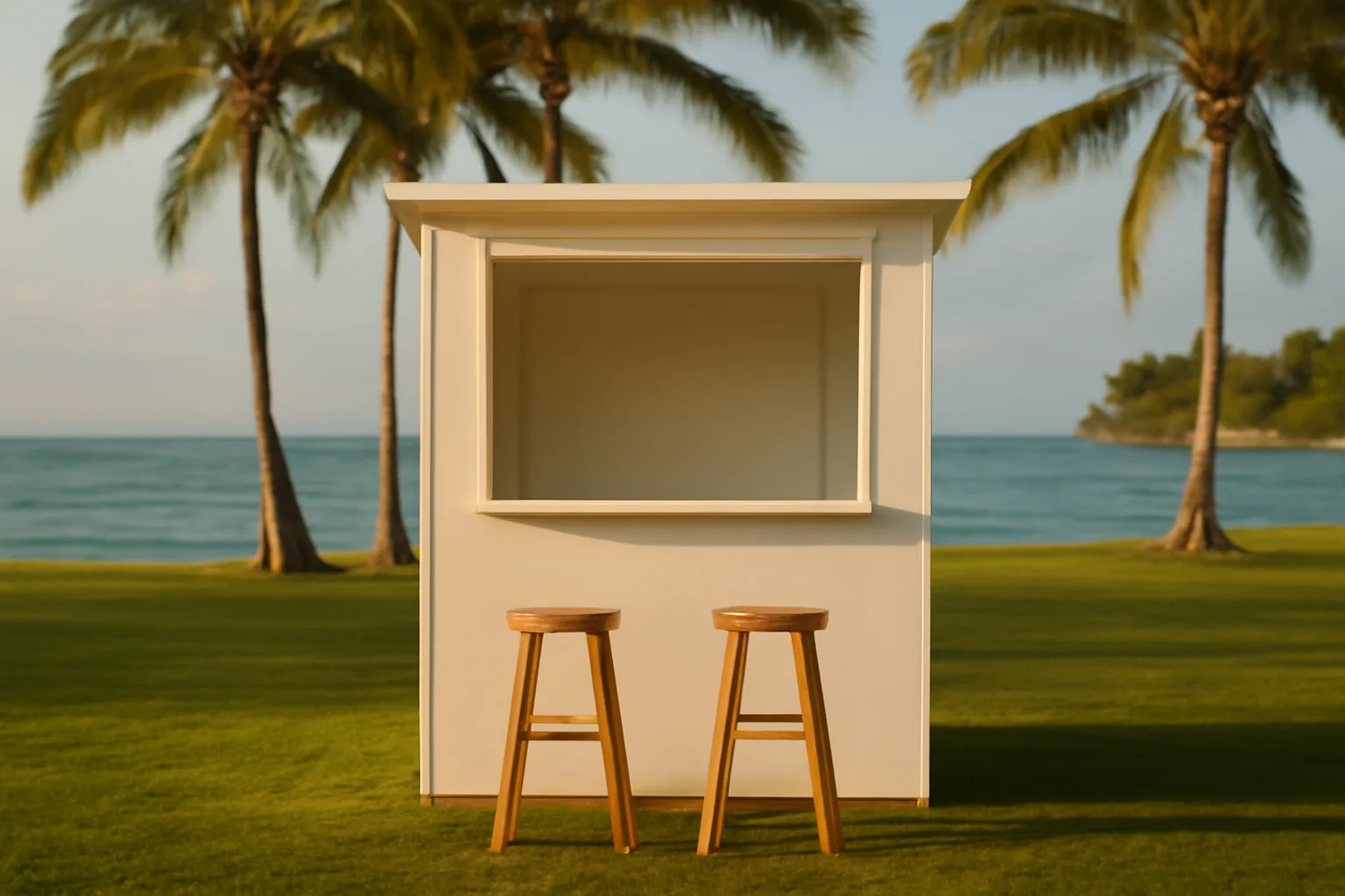 White photo booth enclosure on an Oahu lawn near ocean
