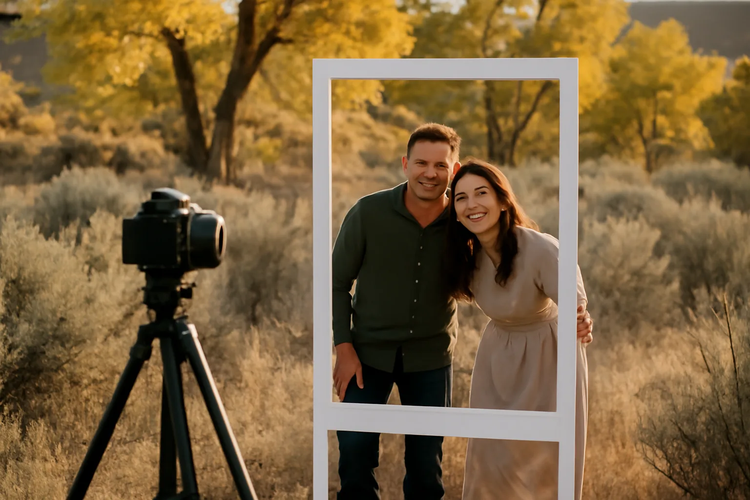Guests pose at an outdoor Idaho photo booth rental at dusk