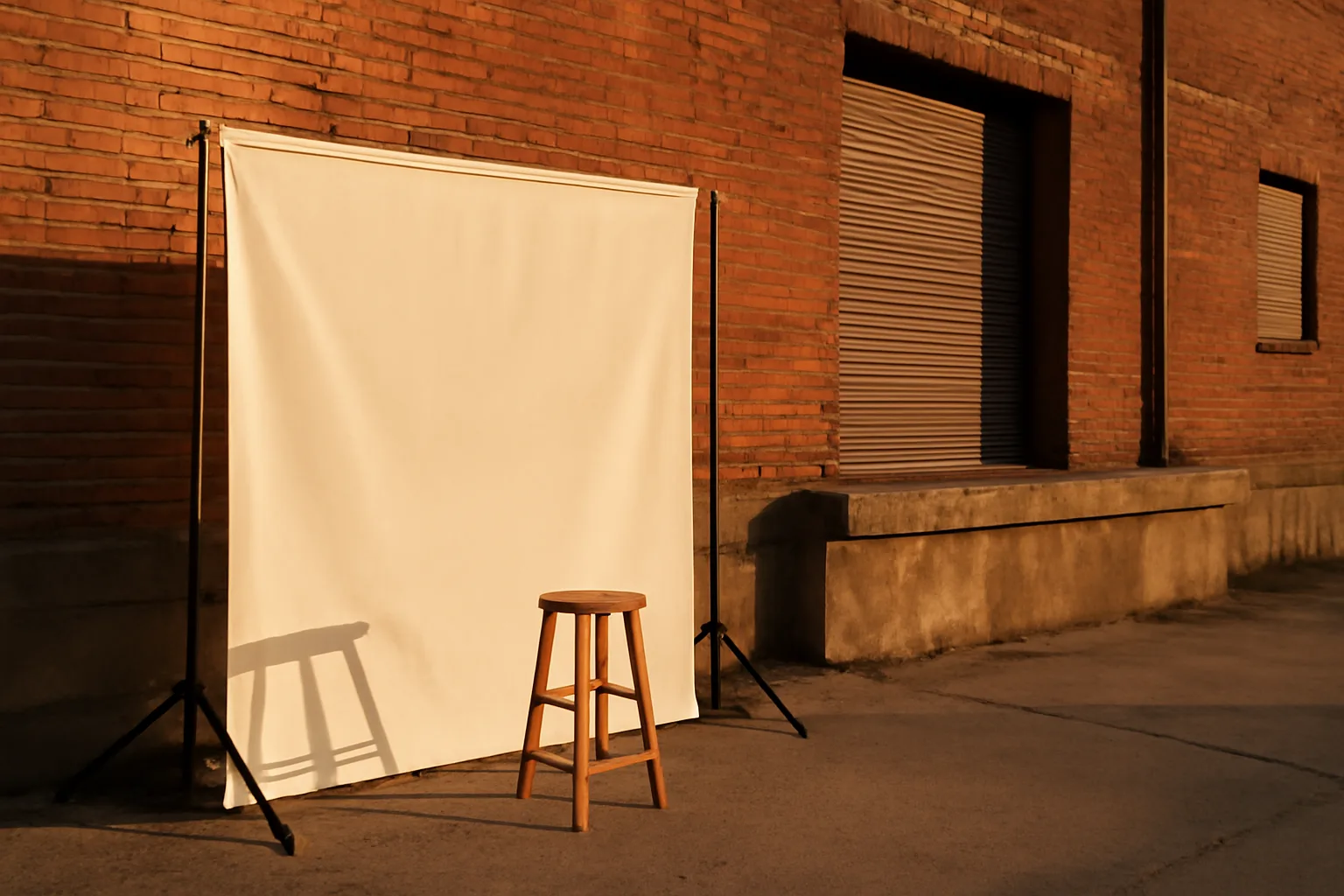 Empty photo booth backdrop beside an Indianapolis brick warehouse