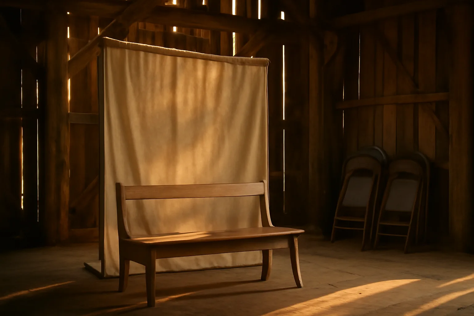 Empty photo booth setup in an Iowa barn before a wedding